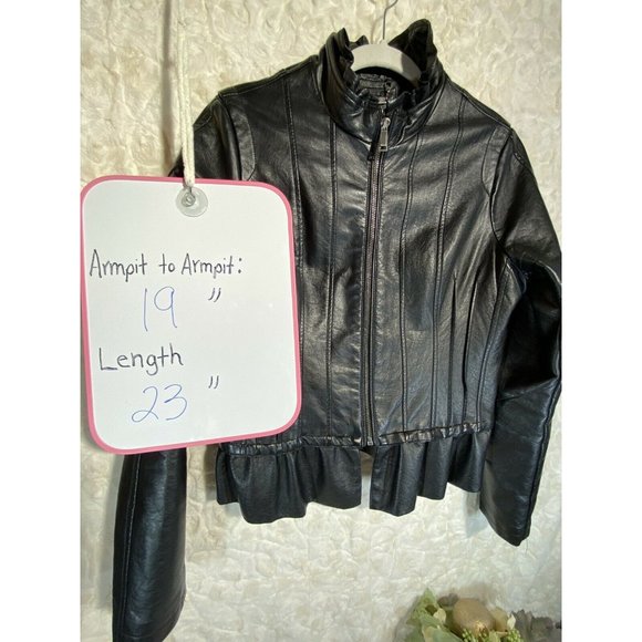 Odyn Women Black Faux Leather Jacket Ruffled szM - Picture 2 of 10